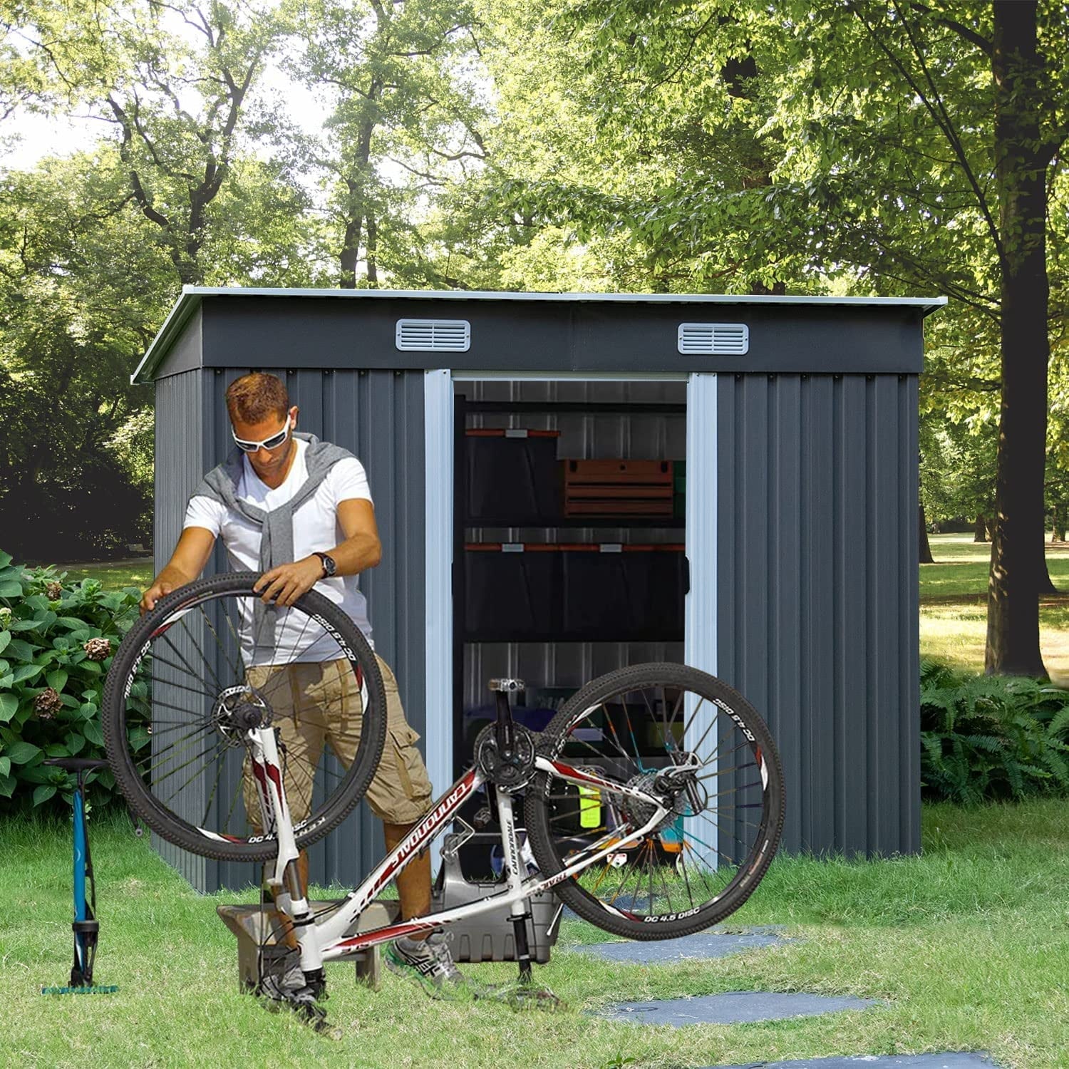 8 x 4 FT Outdoor Storage Shed, Metal Outside Sheds & Outdoor Storage with Sliding Doors and Vents, Steel Garden Shed Outdoor Utility Tool Shed with Pent Roof for Backyard Patio Garden Lawn, Grey