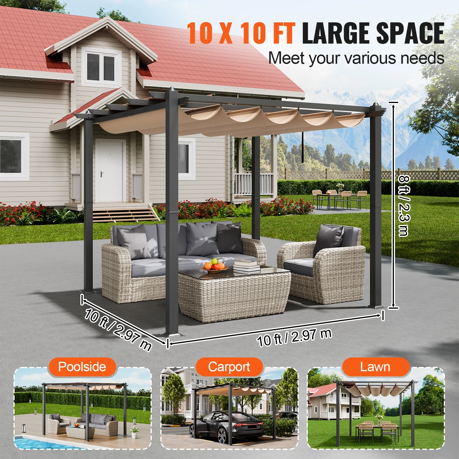 KFFKFF 10'x10' Aluminum Patio Pergola, Retractable Sun Shade Canopy, Ideal for Outdoor Gardens, Decks, and Backyards - Beige