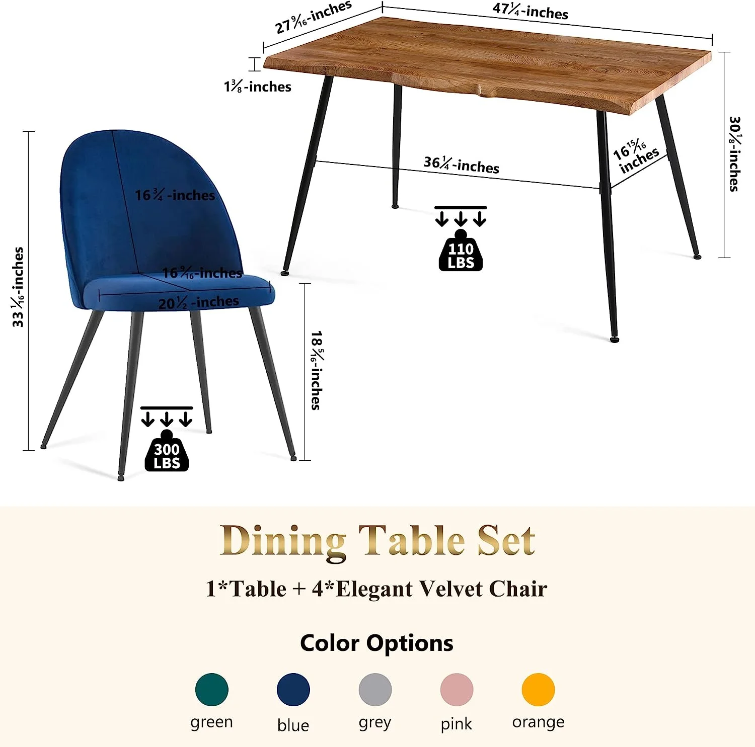 NORDICANA Dining Table Set for 4,Stylish Table with Strong Metal Legs & Modern Dining Chair Armlss Beautiful Home Chair Indoor Velvet Accent Chair with High Back Design,Perfect for Dining Room