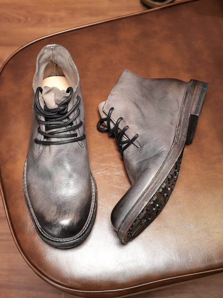 Premium gray men's first-layer cowhide desert boots