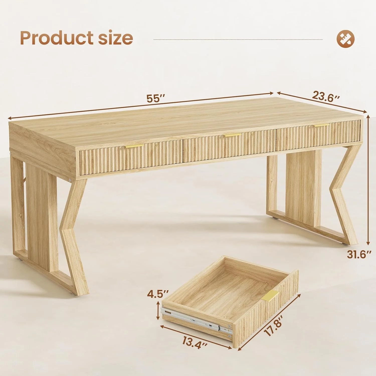 SEDETA 55" Executive Office Desk with 3 Drawers, Home Office Desk with Storage Drawers, Computer Writing Desk Study Table, Natural Oak