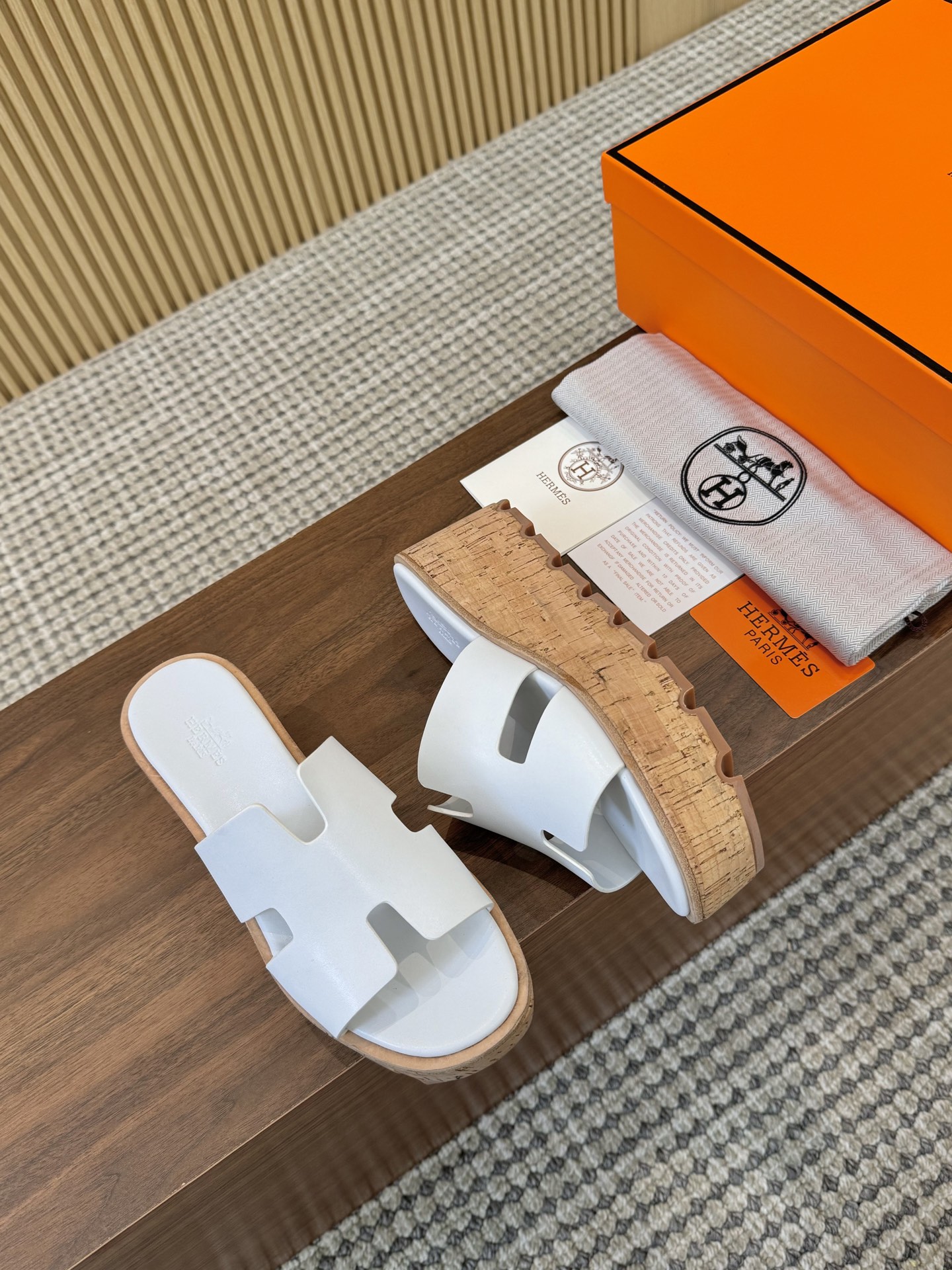 Hermès White Smooth Leather H-Cutout Cork Sole Slide Sandal