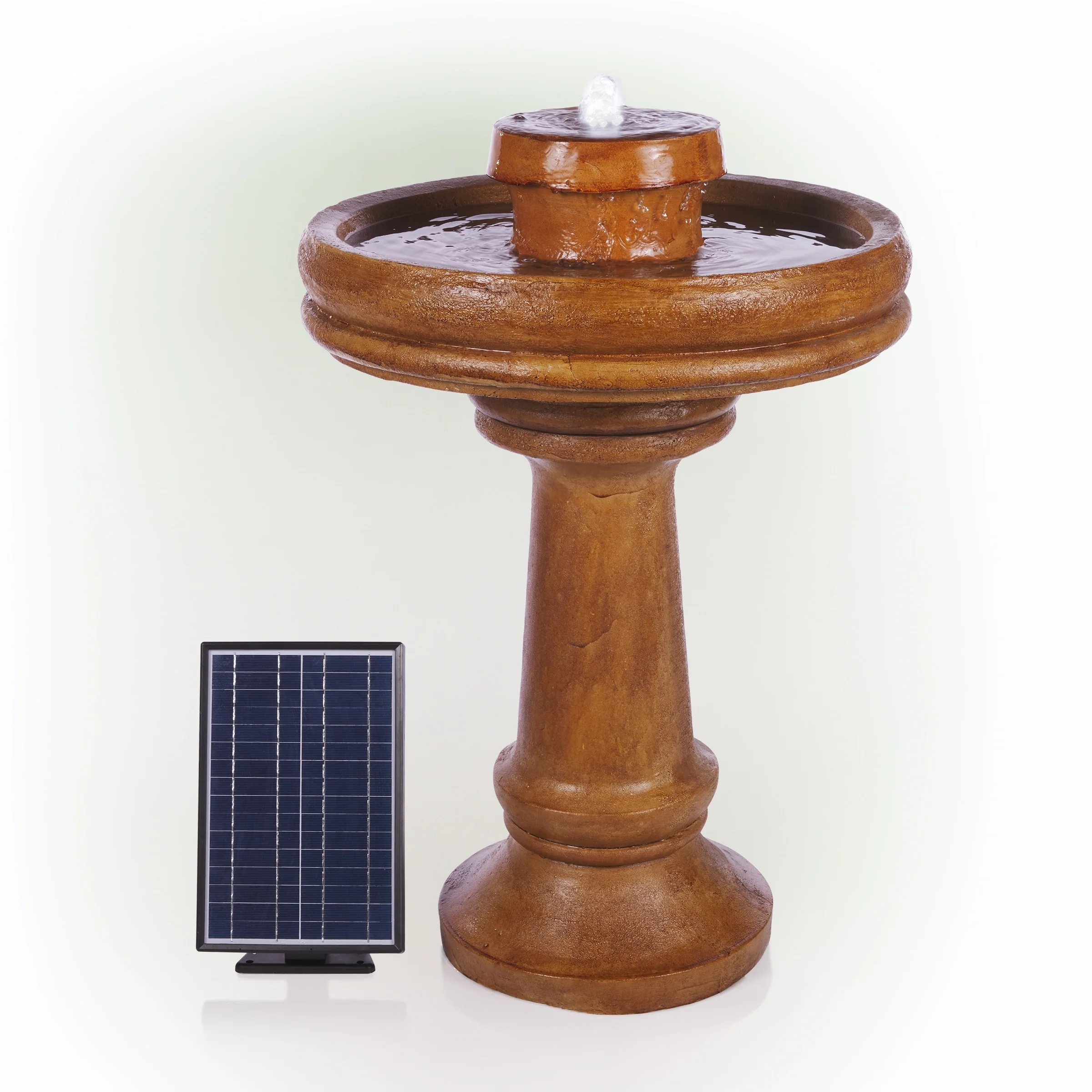 Alpine Corporation  29" Outdoor Birdbath Fountain with LED Lights  Classic Pedestal Solar-Powered Garden Water Feature, Brown