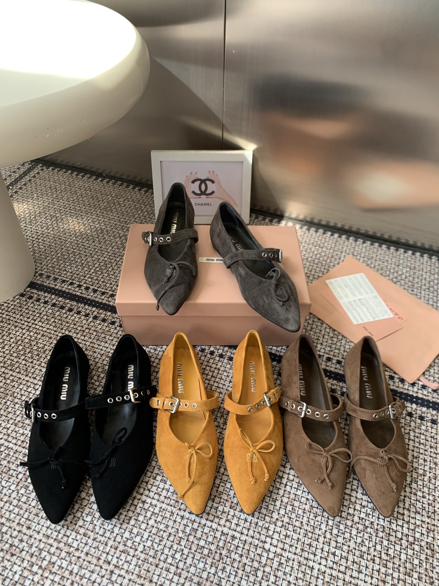 Miu Miu Suede Strap Pointed-Toe Ballet Flats