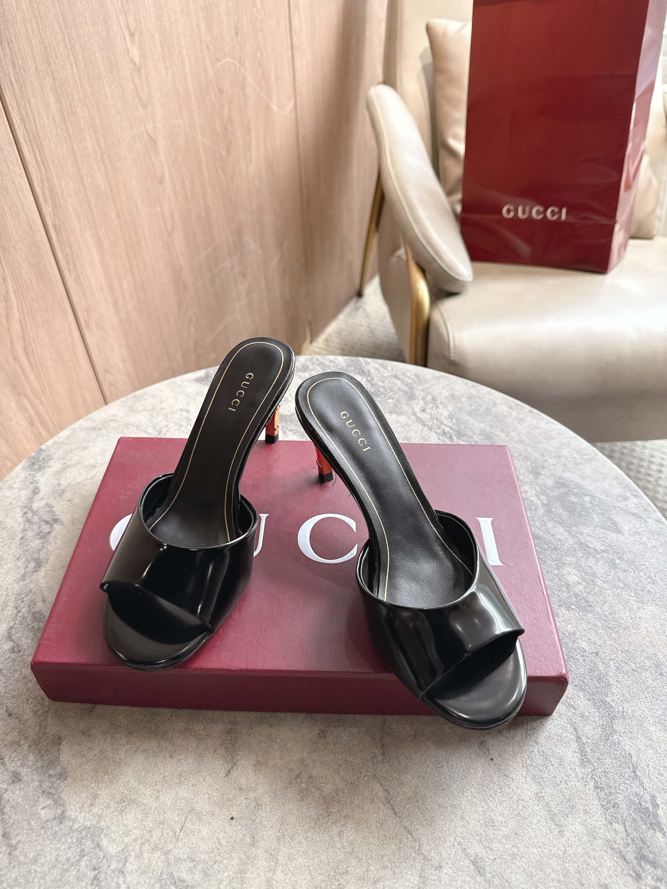 Gucci Patent Leather Bamboo Heel Open Toe Slide Sandals