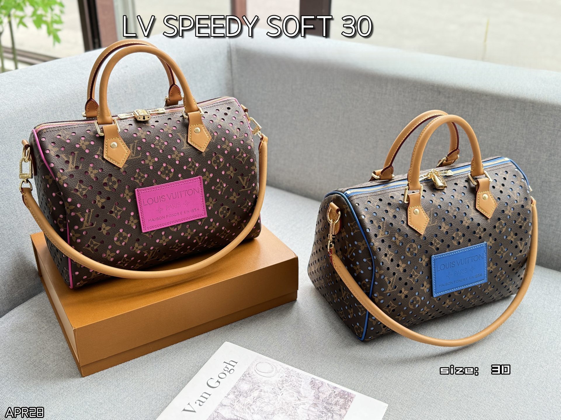 LV Speedy 20/30 Perforated Monogram Leather Patch Neon Piping Boston Top Handle Bag