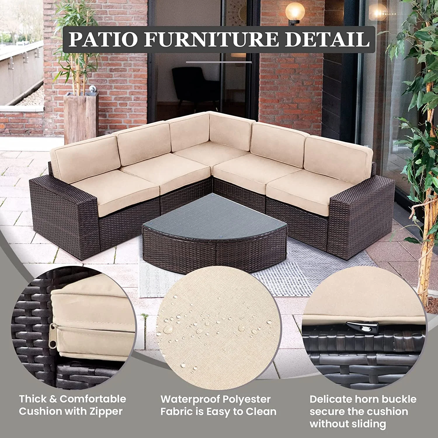 SOLAURA 6-Piece Patio Furniture Outdoor Conversation Set Patio All-Weather Wicker Sectional Sofa with Glass Coffee Table and Brown Cushions