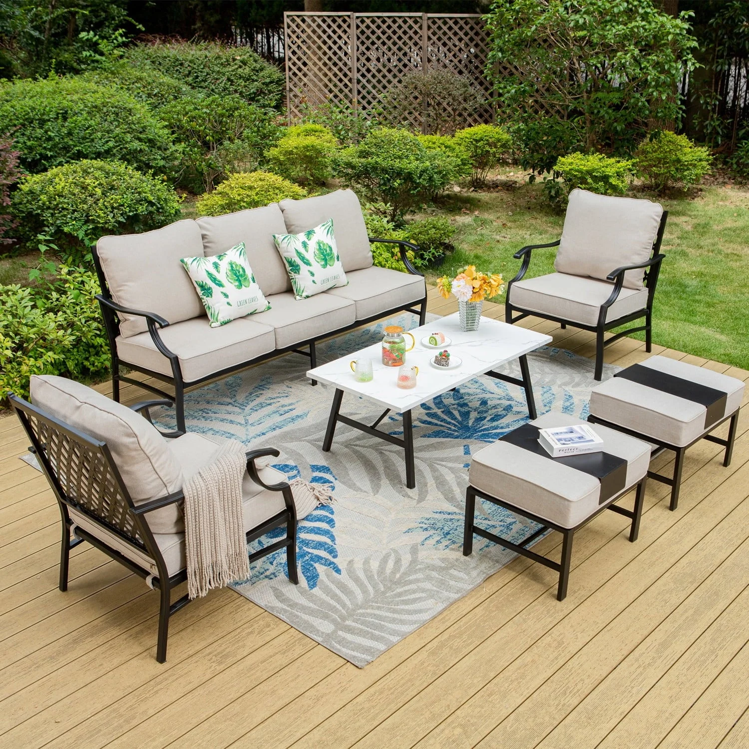 MF Studio 7-Seat Patio Conversation Set Metal Outdoor Furniture Sofa Set for 7 Person Beige