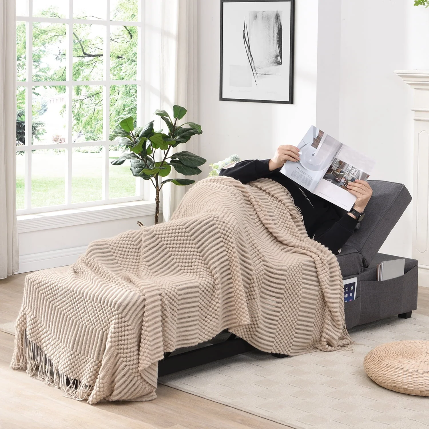 Cynefin Sleeper chair - ottoman bed, chair beds sleeper, 4 in 1 convertible chairs into beds with Lumbar Pillow 3 Side Pockets Linen Fabric Tufted for Living Room Grey
