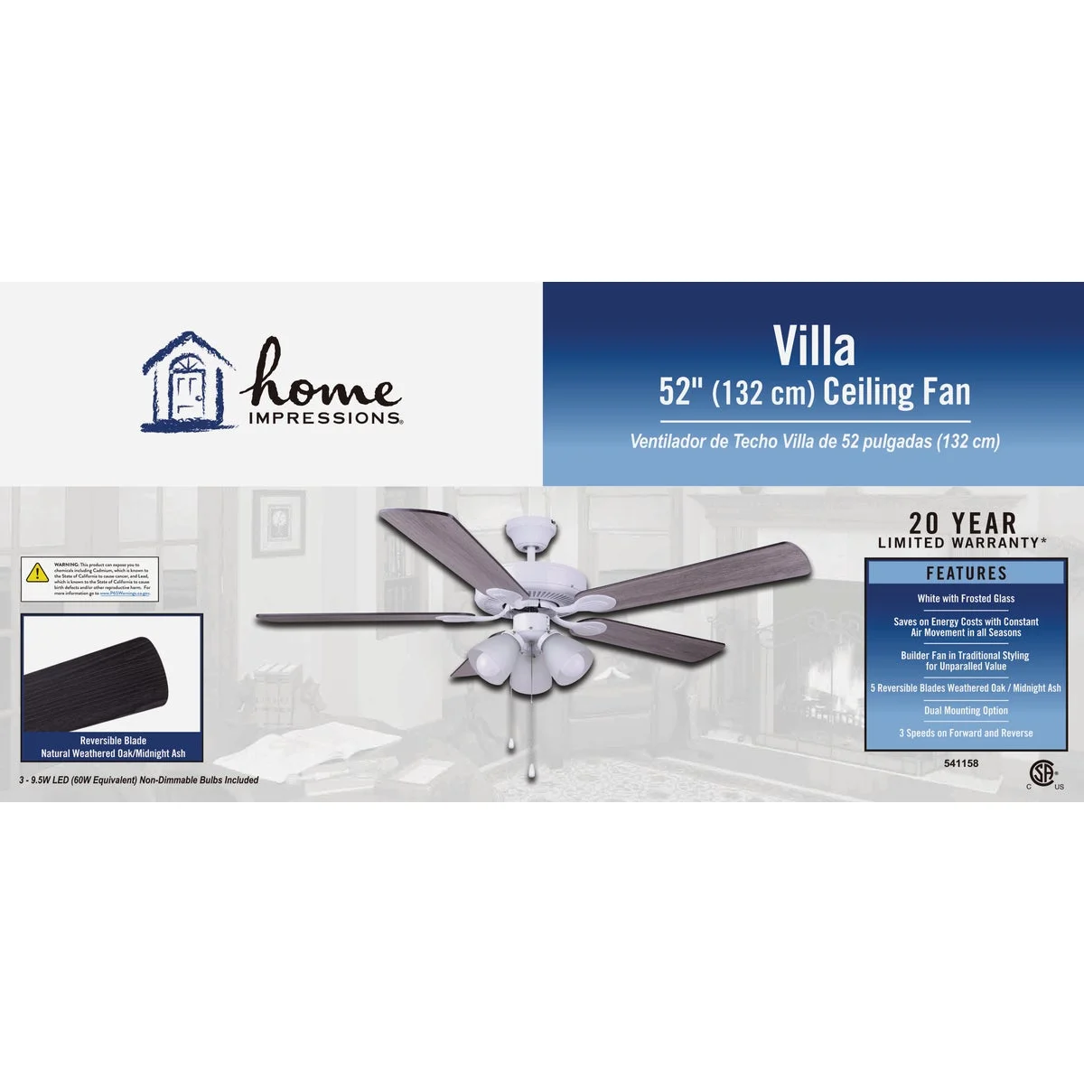 Home Impressions Villa 52 In. White Ceiling Fan with Light Kit CF52VIL5WH-B