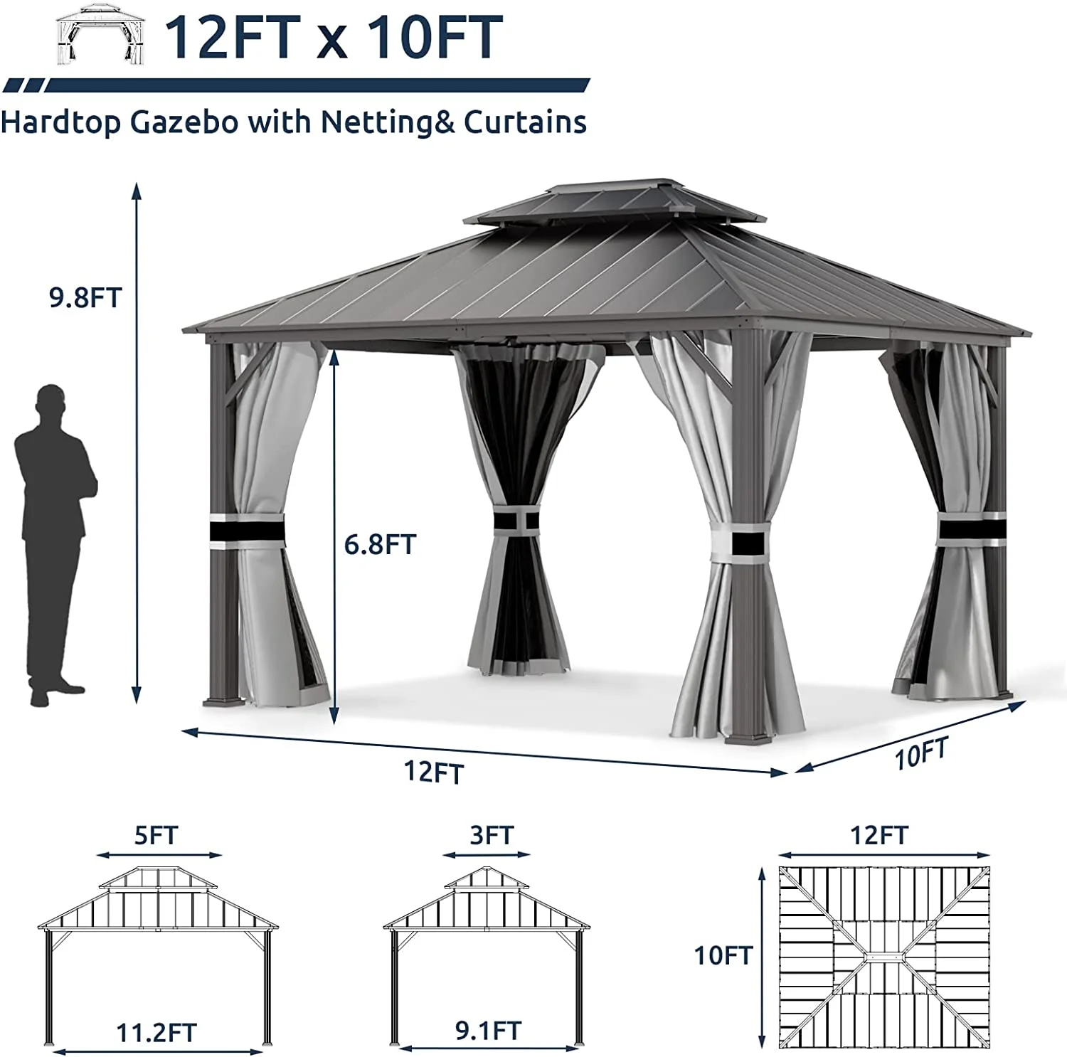 UDPATIO 12' x 10' Hardtop Gazebo, Galvanized Steel Double Roof Permanent Aluminum Gazebo，Grey