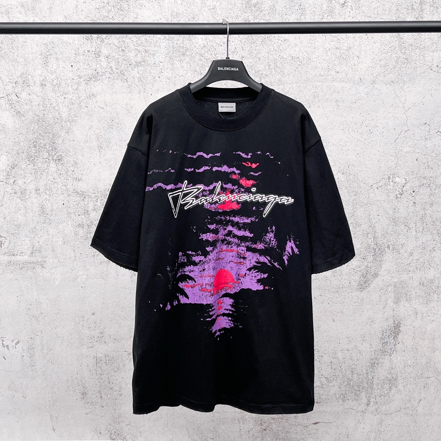 Sunset Letter Logo Direct-Injection Printed Vintage Short Sleeve T-Shirt