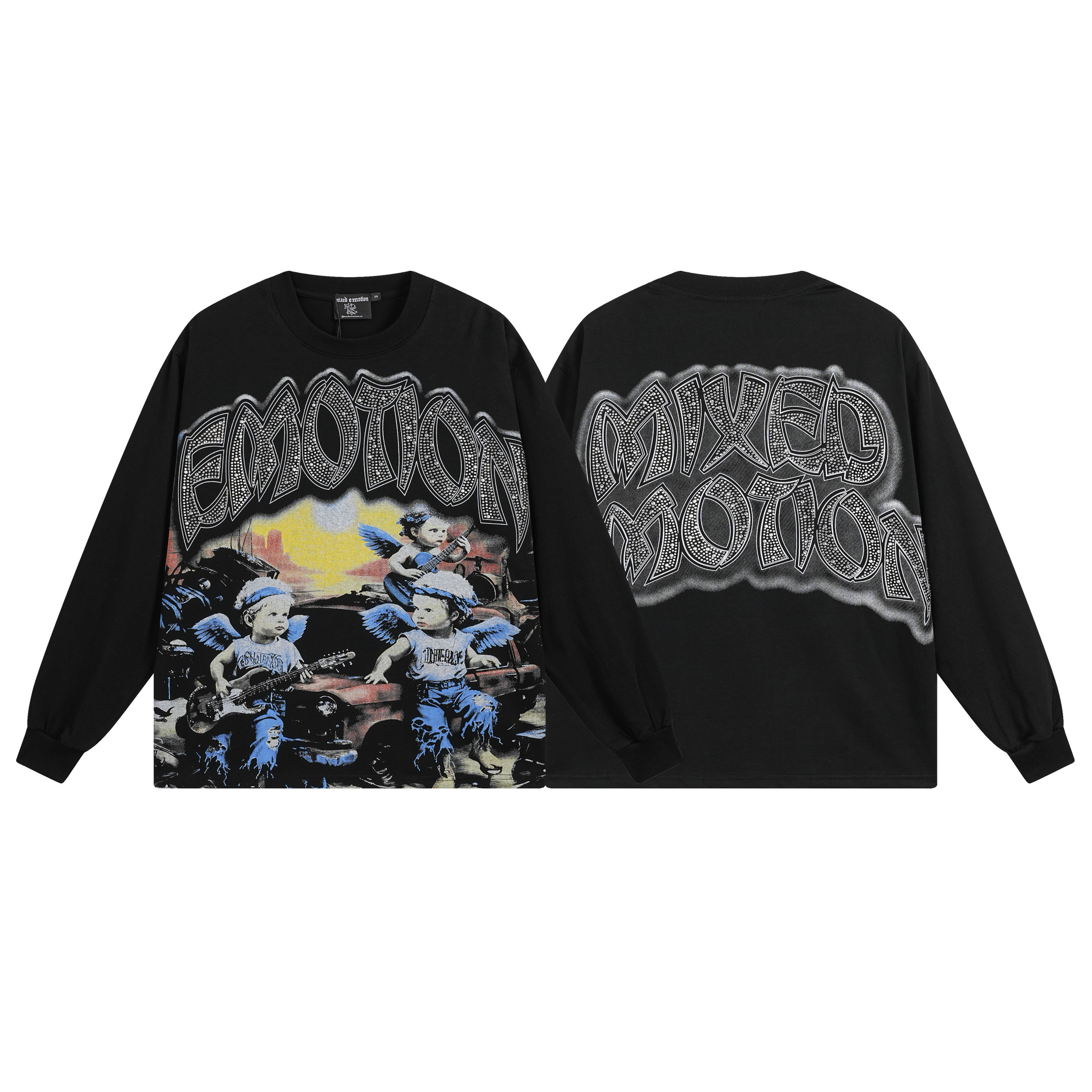 Black vintage loose-fitting brick-print graffiti-style cotton long-sleeved T-shirt