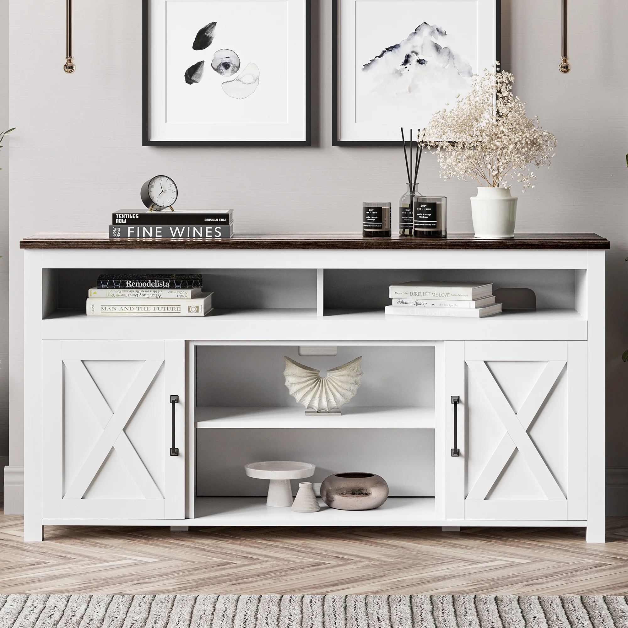 BELLEZE 58 Inch TV Stand, Contemporary Entertainment Center for TVs up to 65", Wood Media Console Table with Two Open Shelves and Barn Door Cabinets - Corin (White)