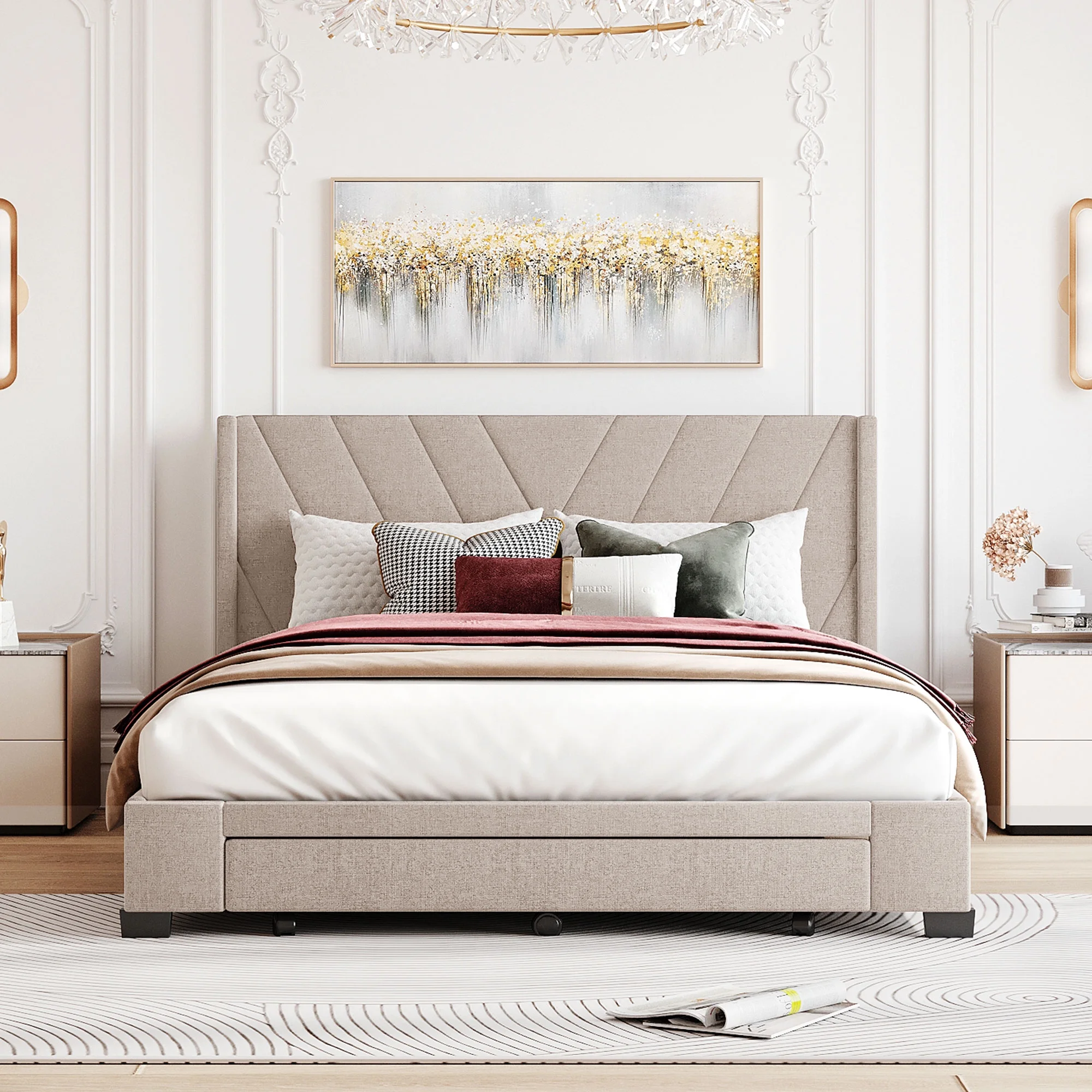 Sesslife Queen Bed Frame with Storage, New Upgraded Linen Upholstered Platform Bed with 3 Drawers, Queen Size Storage Bed with Headboard and Wooden Slats, No Box Spring Needed, Holds 500lbs, Beige