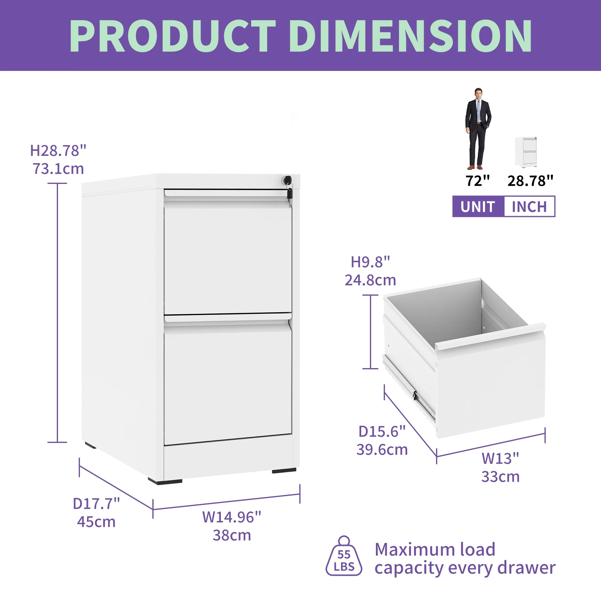 Daatumm 2-Drawer Vertical File Cabinet with Lock, Steel Metal Office & Home Storage for A4/Letter/Legal Size Documents
