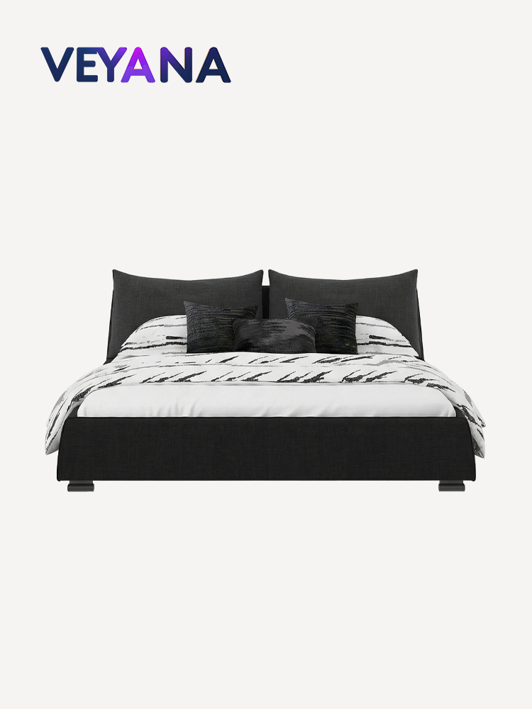 Italian minimalist black fabric bed, Wabi Sabi style, 1.8-meter master bedroom soft pack bed, cow horn bed, hotel, apartment