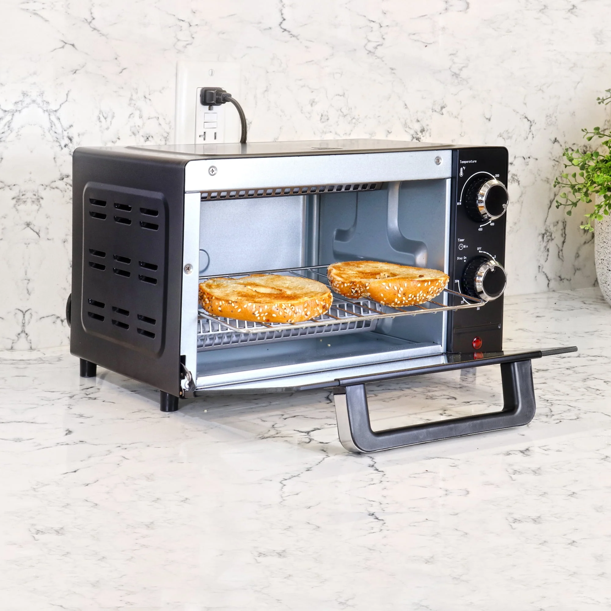 Total Chef 4 Slice Countertop Toaster Oven with Convection 1000W Stainless Steel  Baking Rack and Pan, Black