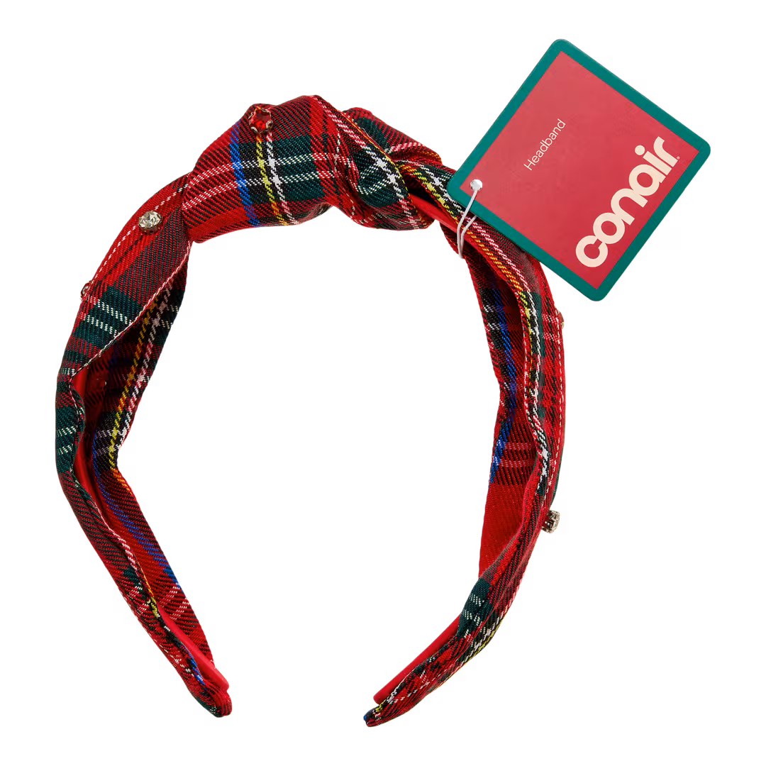 Conair Accessories  Red Plaid Knotted Headband with Stones/Pearls