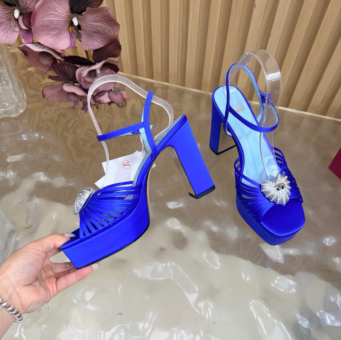 Valentino Garavani Blue VLogo Crystal Brooch Satin Multi Straps Platform Square Toe Chunky Heel Sandals
