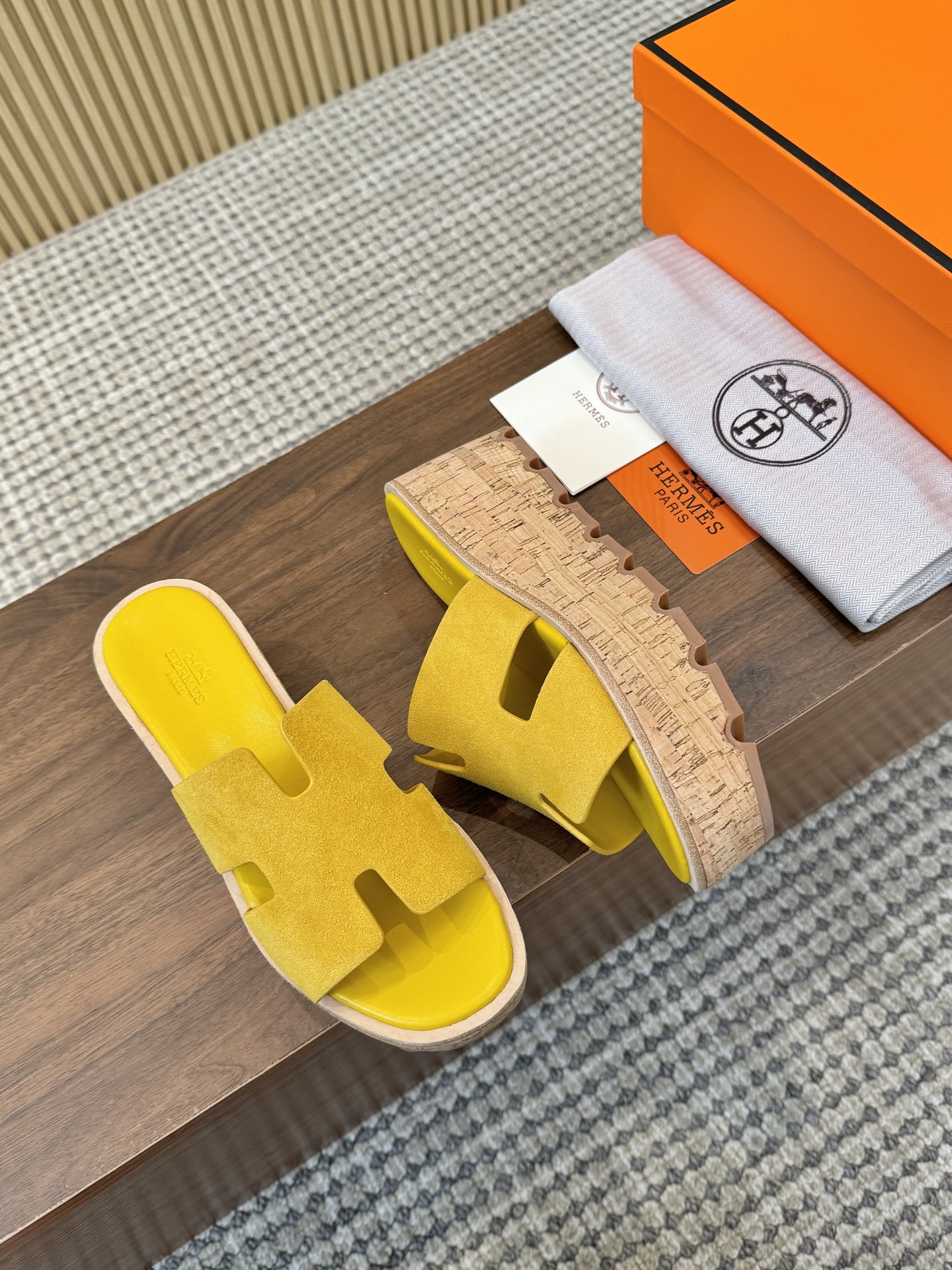 Hermes Yellow Suede Leather H-Cutout Cork Sole Slide Sandal