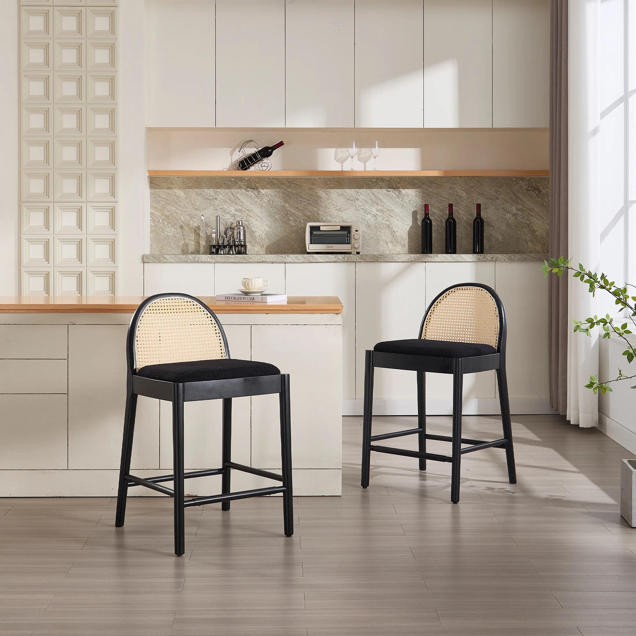 Guyou Modern Bar Stools Set of 2, 26" Counter Height Bar Stools with Natural Rattan Back and Solid Wood Frame, Sherpa Upholstered Kitchen Island Chairs for Bar Island Cafe Kitchen, Black