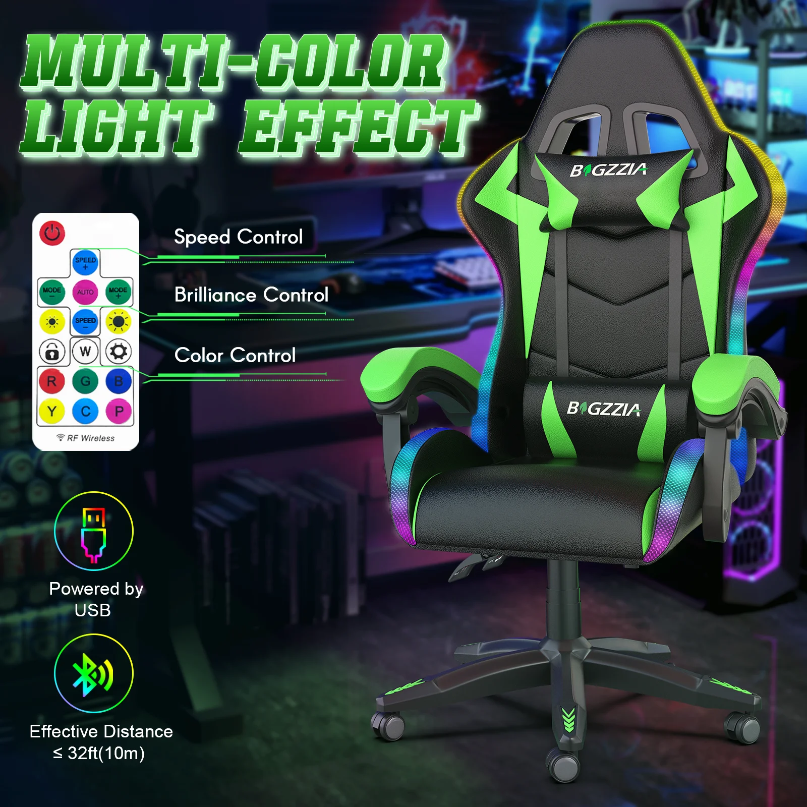 Bigzzia Gaming Chair with LED Lights Ergonomic Office Chair for Adults and Kids - Adjustable Height, 360 Swivel, Headrest Support, Mesh PU Leather, Black & Green