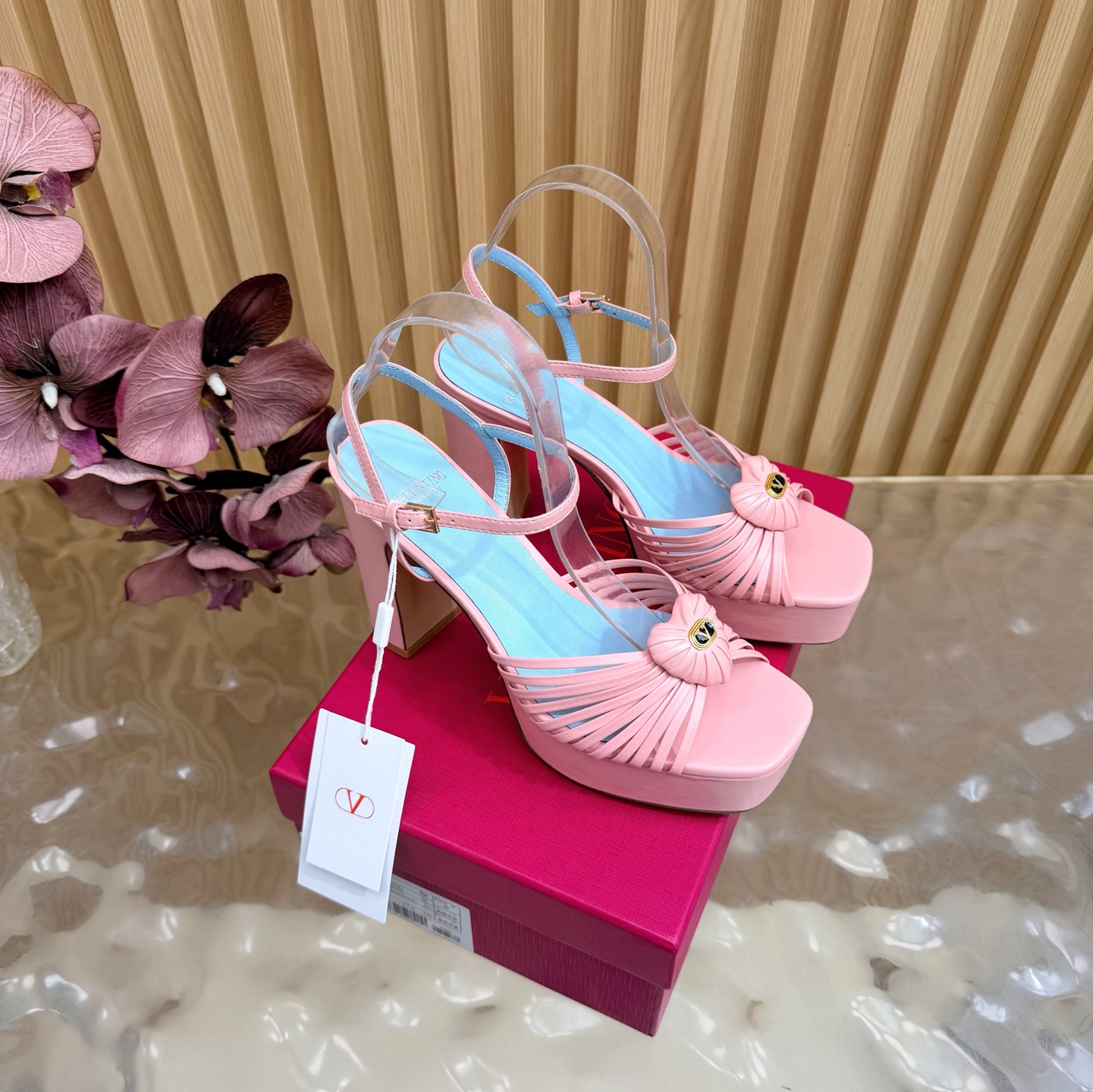 Valentino Garavani Pink VLogo Crystal Brooch Satin Multi Straps Platform Square Toe Chunky Heel Sandals