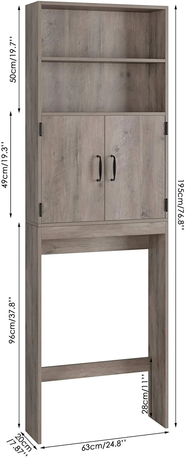 Homfa over Toilet Storage Rack, Bathroom Storage Cabinet over Toilet with 4-tier Shelves and 2 Doors, Gray Finish