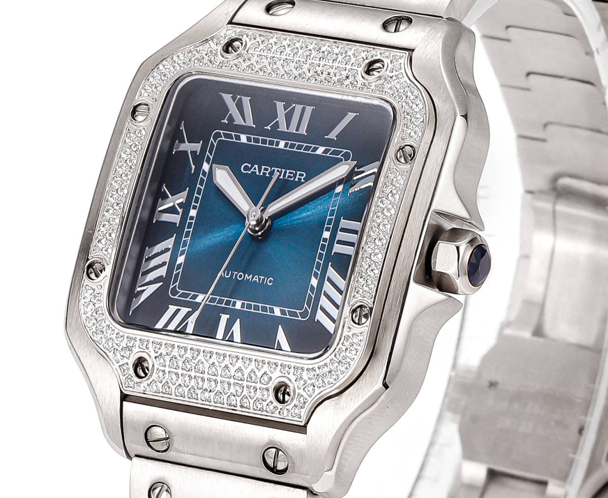 CARTIER Watch SANTOS LADY 35.1MM STEEL CASE BLUE DIAL DIAMOND BEZEL