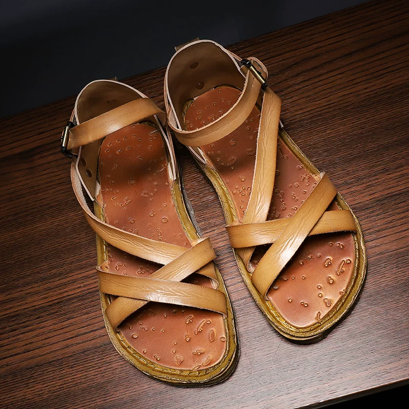 Handmade retro vegetable tanned cowhide woven hollow sandals