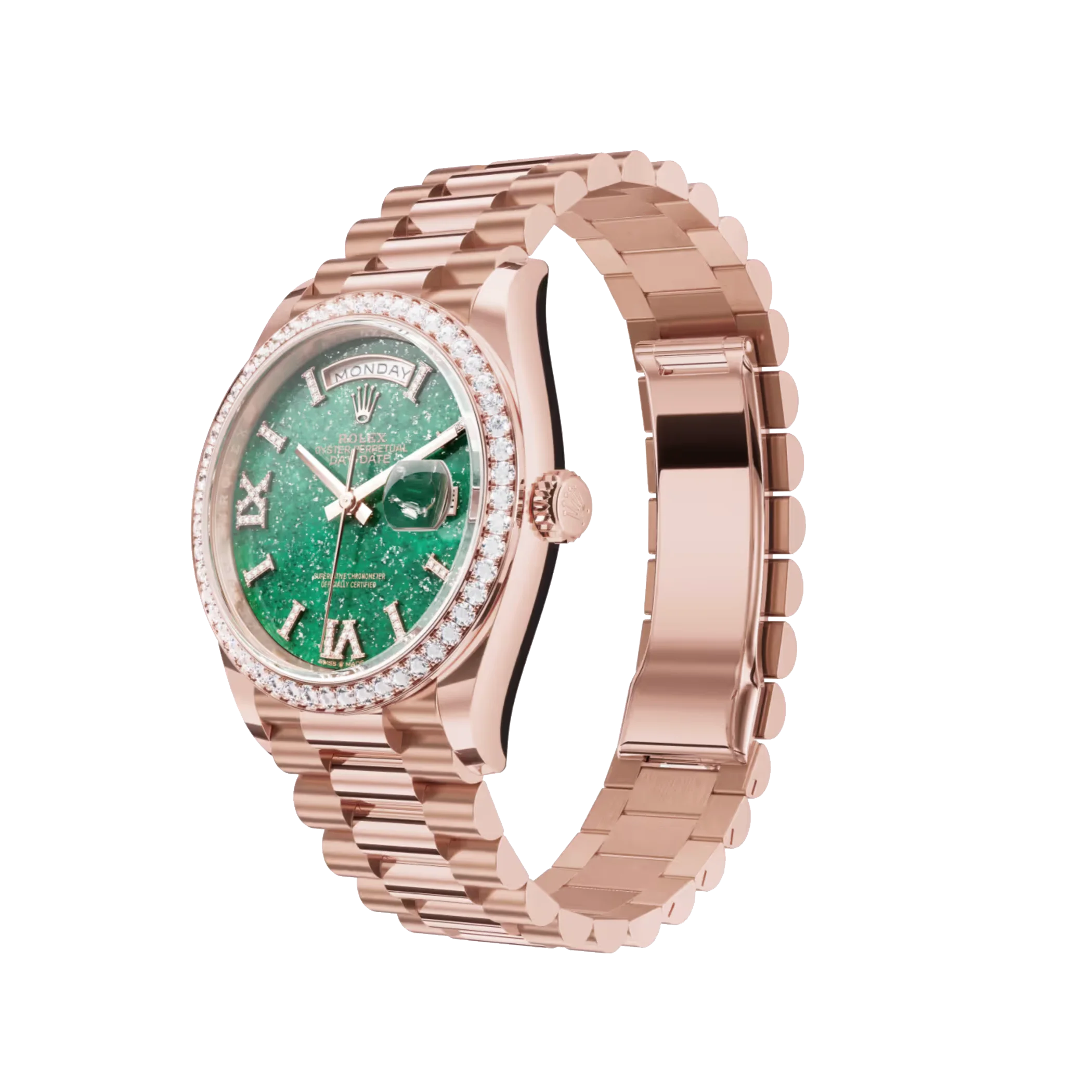 Rolex Day-Date: Everose gold, green aventurine, diamond-set dial, diamond-set bezel, President bracelet, m128345rbr-0068