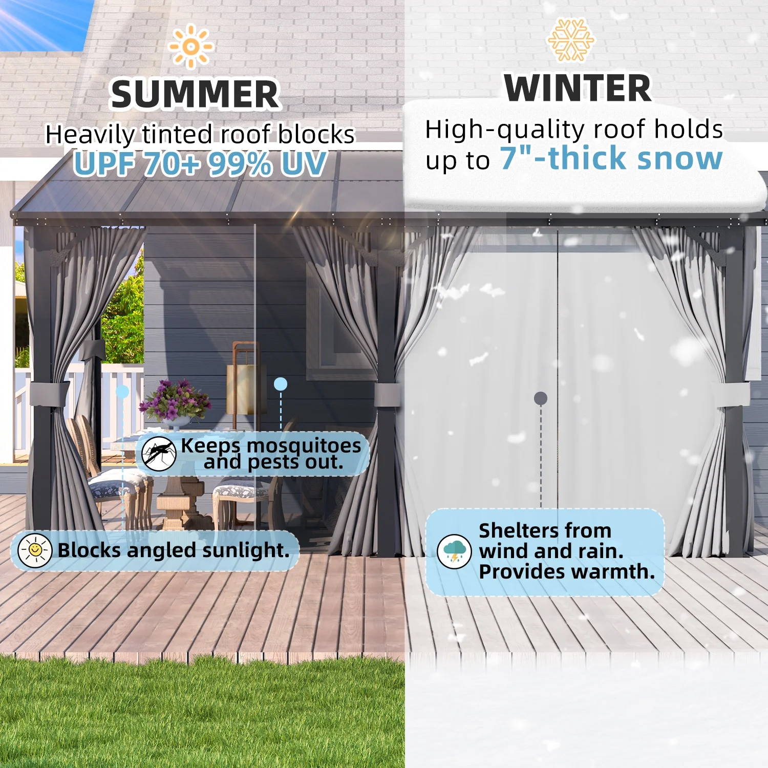 AECOJOY 14' x 10' Lean to Gazebo with Netting and Curtain Outdoor Hardtop Gazebo Aluminum Metal Pergola ​For Garden, Patio, Backyard-​Dark ​Gray