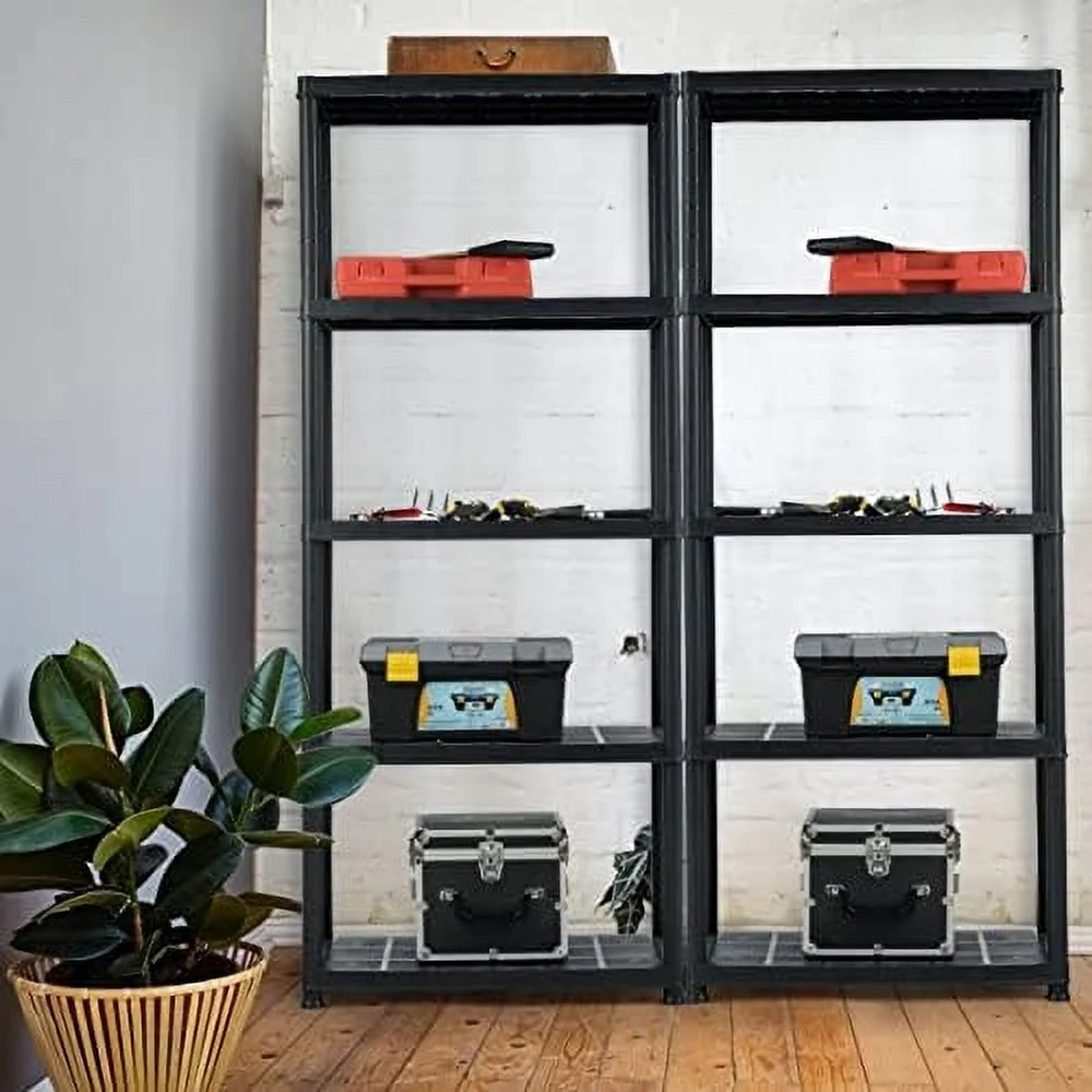 5 Tier Plastic Storage Shelves, Easy to Assemble Garage Rack, Multi-Use Free Standing Shelf Unit, Heavy Duty Shelving for Home Office, Black(2, 36��L X 18��W X 73��H)