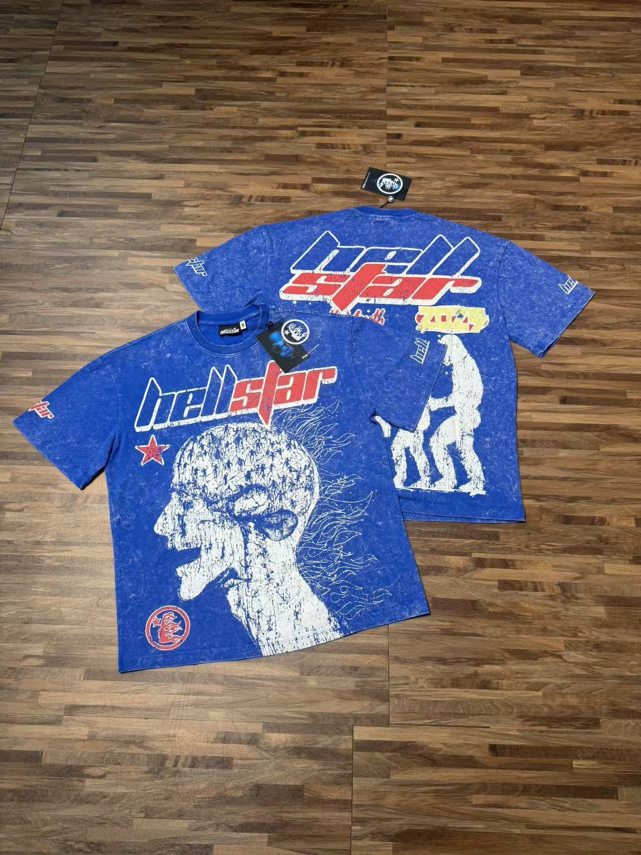Washed blue T-shirt with large abstract logo print