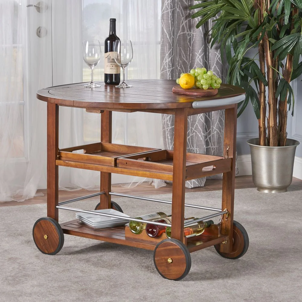 WARMMUSE Bar Cart with Drop Leaf, Modern Industrial Serving Carts Wine Rack Carts on Wheels with Removable Trays, Storage, 35.5" W x 29.5" H, Brown