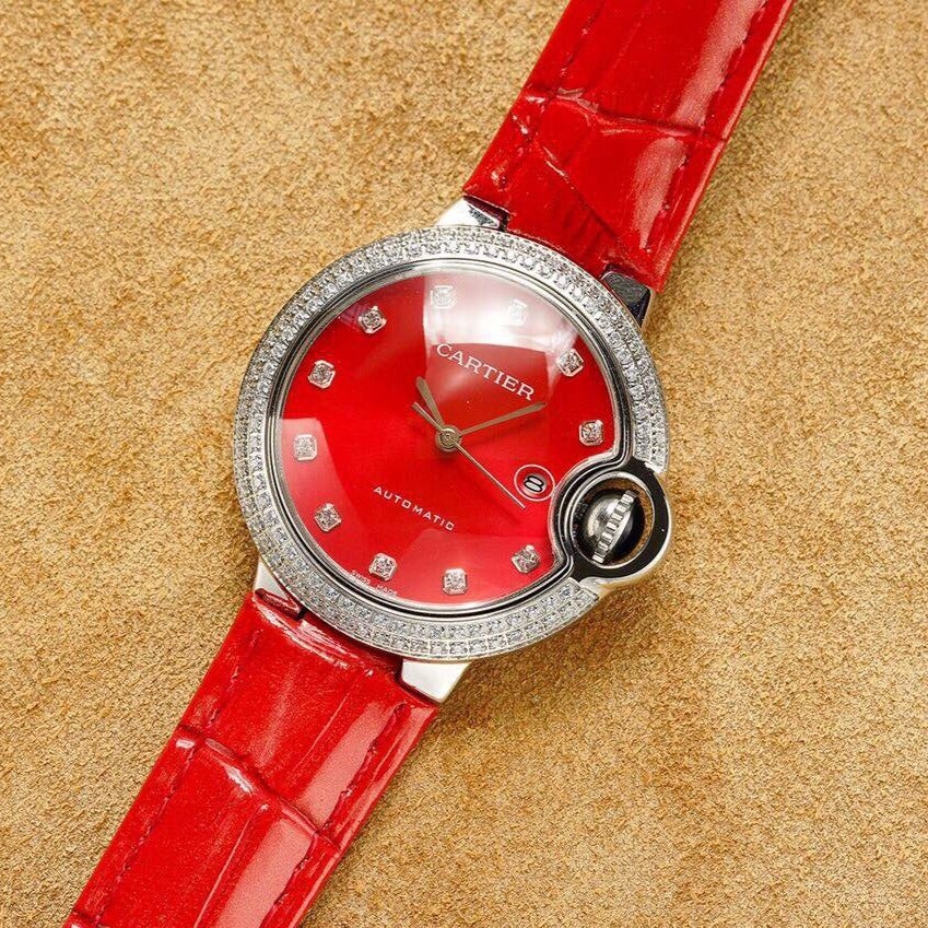 Cartier Watch BALLON BLEU 33MM STEEL CASE DIAMOND NUMERALS LEATHER STRAP