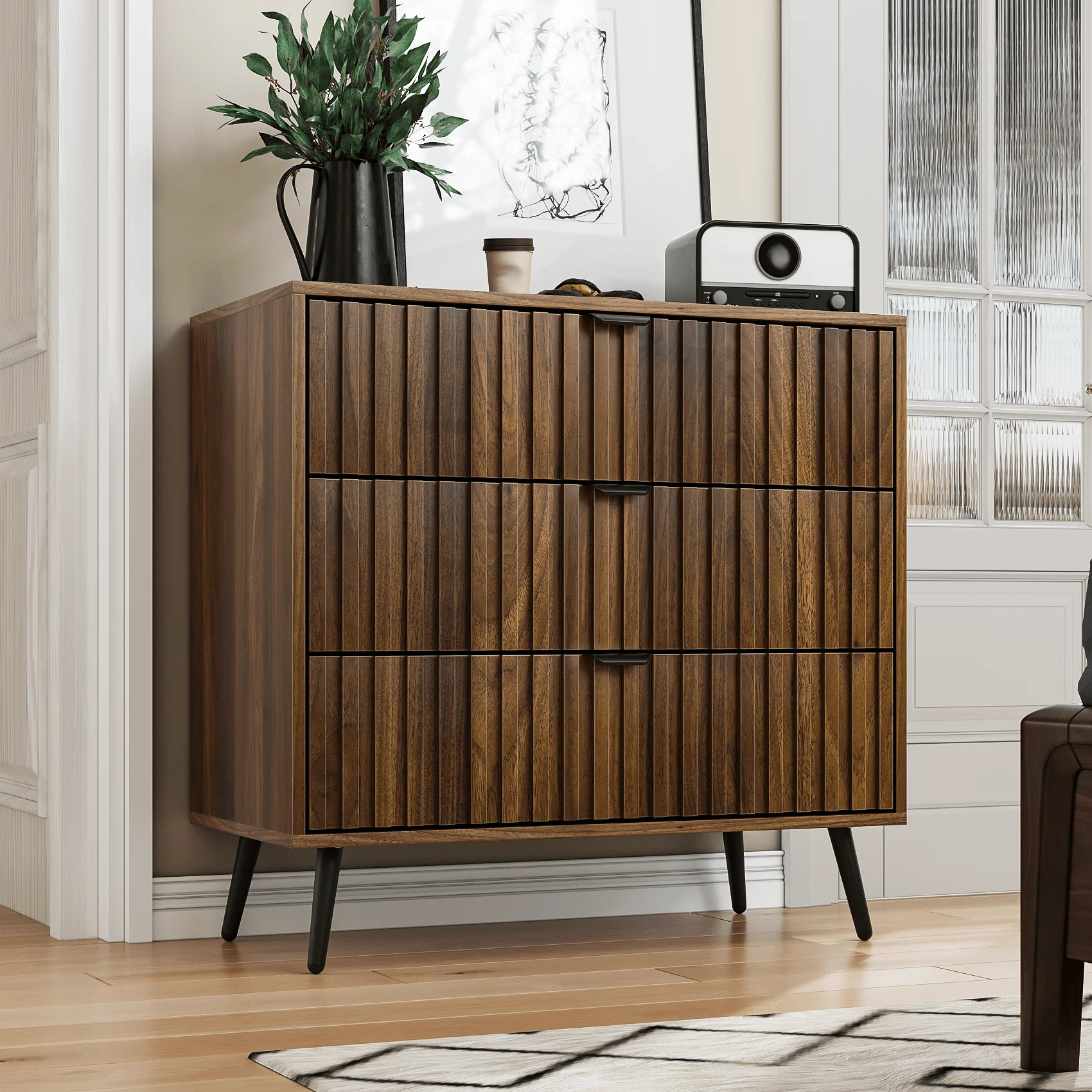 Smart FENDEE Bedroom Dresser with 3 Fluted Drawer Wooden Closet Storage Organizer for Bedroom,Walnut