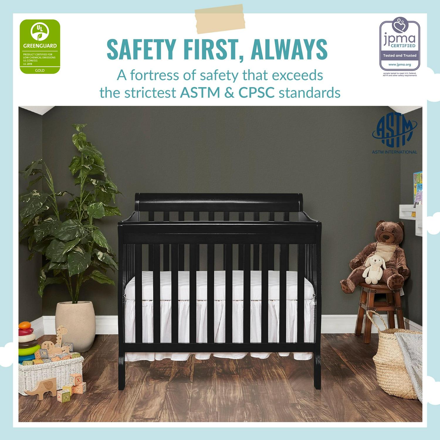 Dream On Me Aden 4-in-1 Convertible Mini Crib In Black. Greenguard Gold Certified