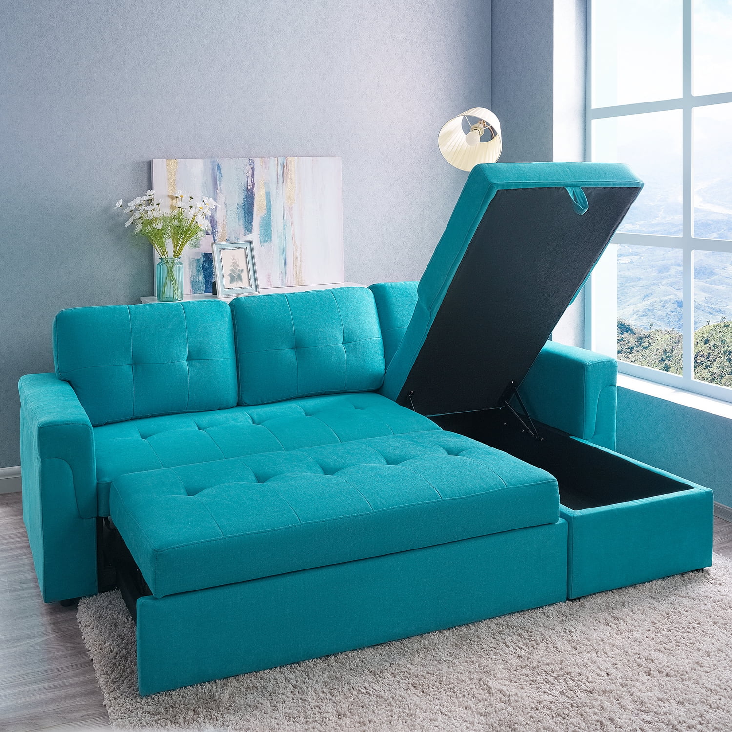 Laura Reversible Sleeper Sectional Sofa Storage Chaise, Dark Gray,Air Leather-Color:Teal,Fabric:Velvet