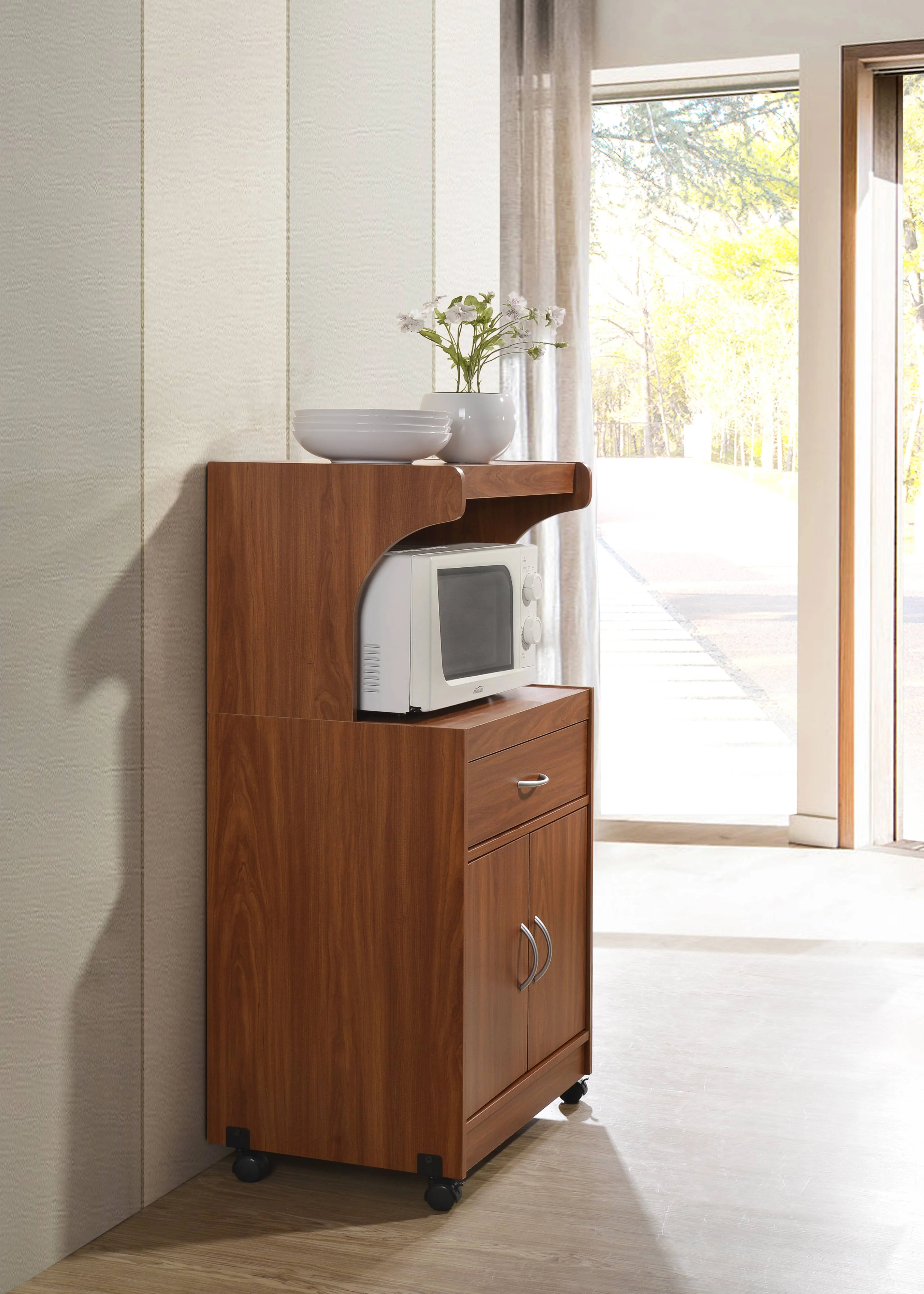 Hodedah Microwave Contemporary Wooden Kitchen Cart in Cherry Finish