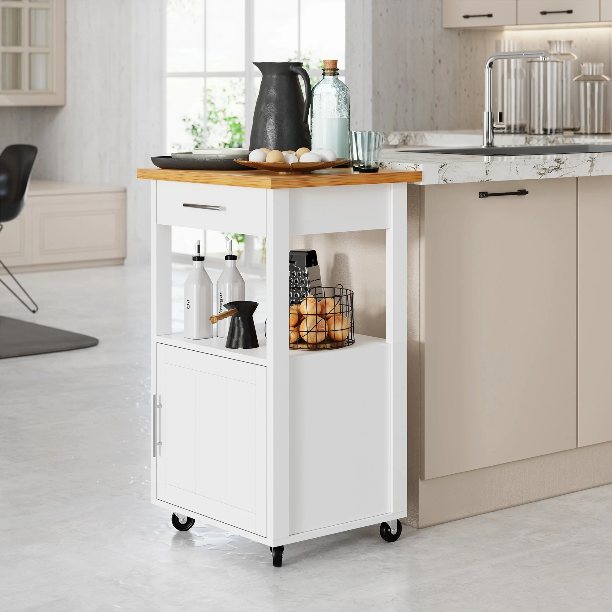 Futzca  Kitchen Island Cart with Storage,Rolling Kitchen Island Side Table on Wheels with Worktop, White - N/A Black