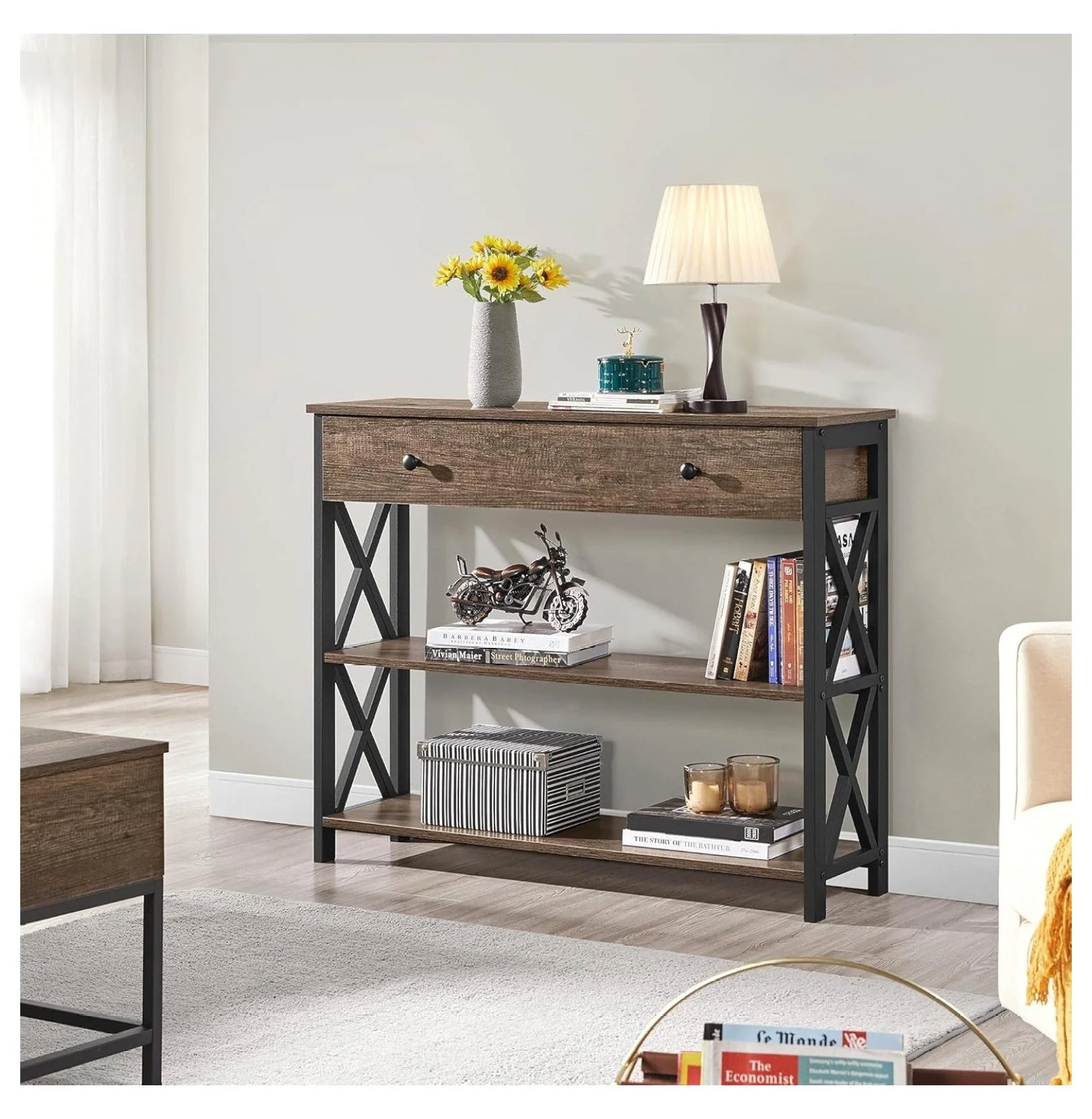 TV Stand, Entertainment Center with Drawer, Media Console Table for TV up to 45 inch, TV Console Table with Open Storage Shelves for Living Room/Hallway, Metal Frame, Taupe Wood
