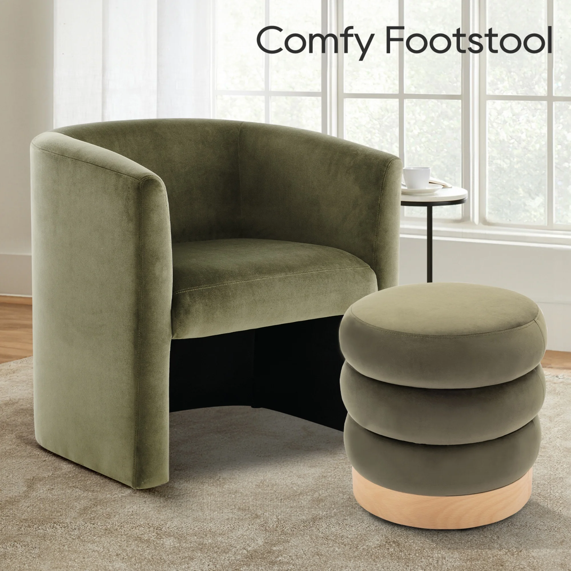 COLAMY Velvet Tufted Ottoman Footstool, Versatile Round Pouf and Side Table �C Green
