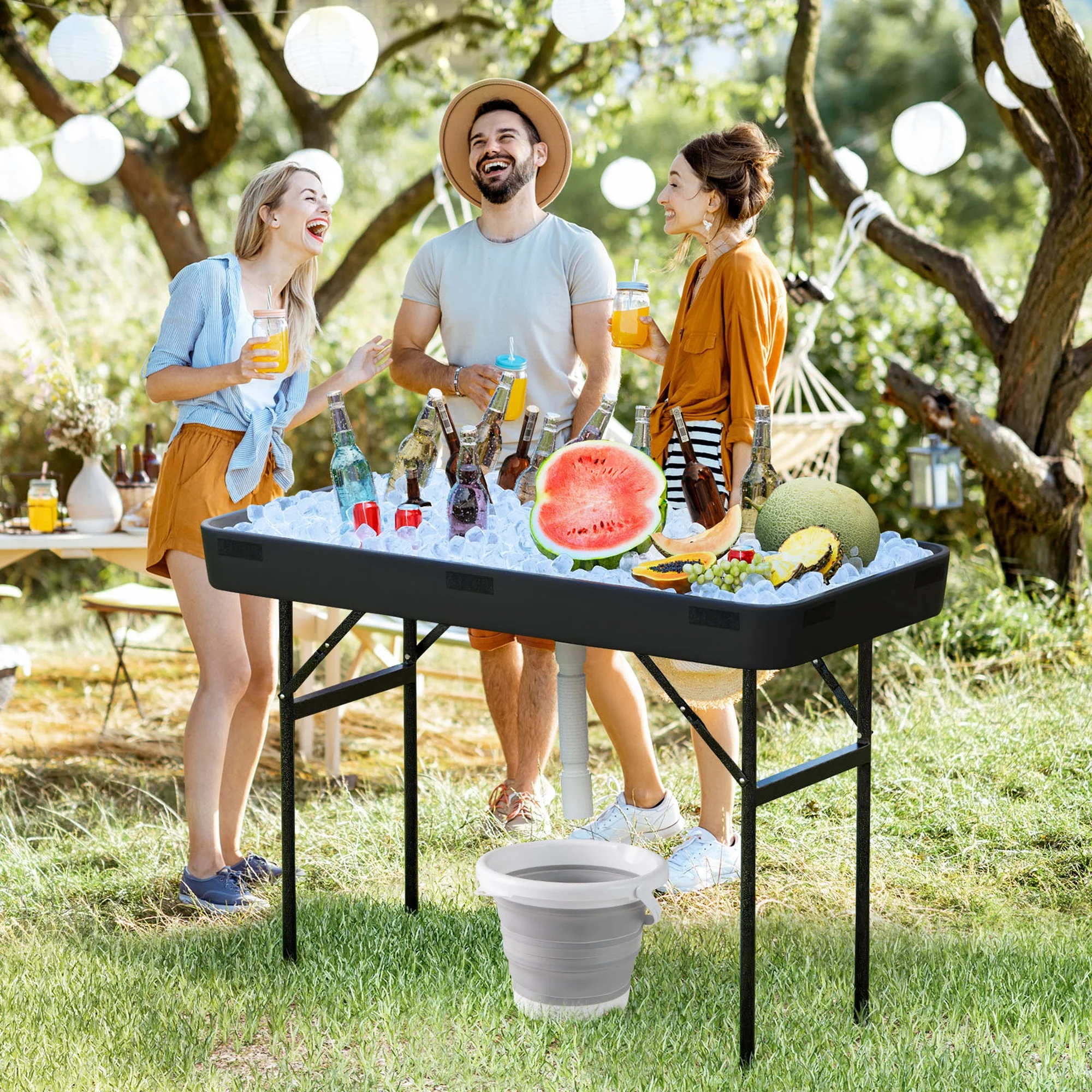Costway 4 Foot Party Ice Cooler Folding Table Plastic with Matching Skirt Black