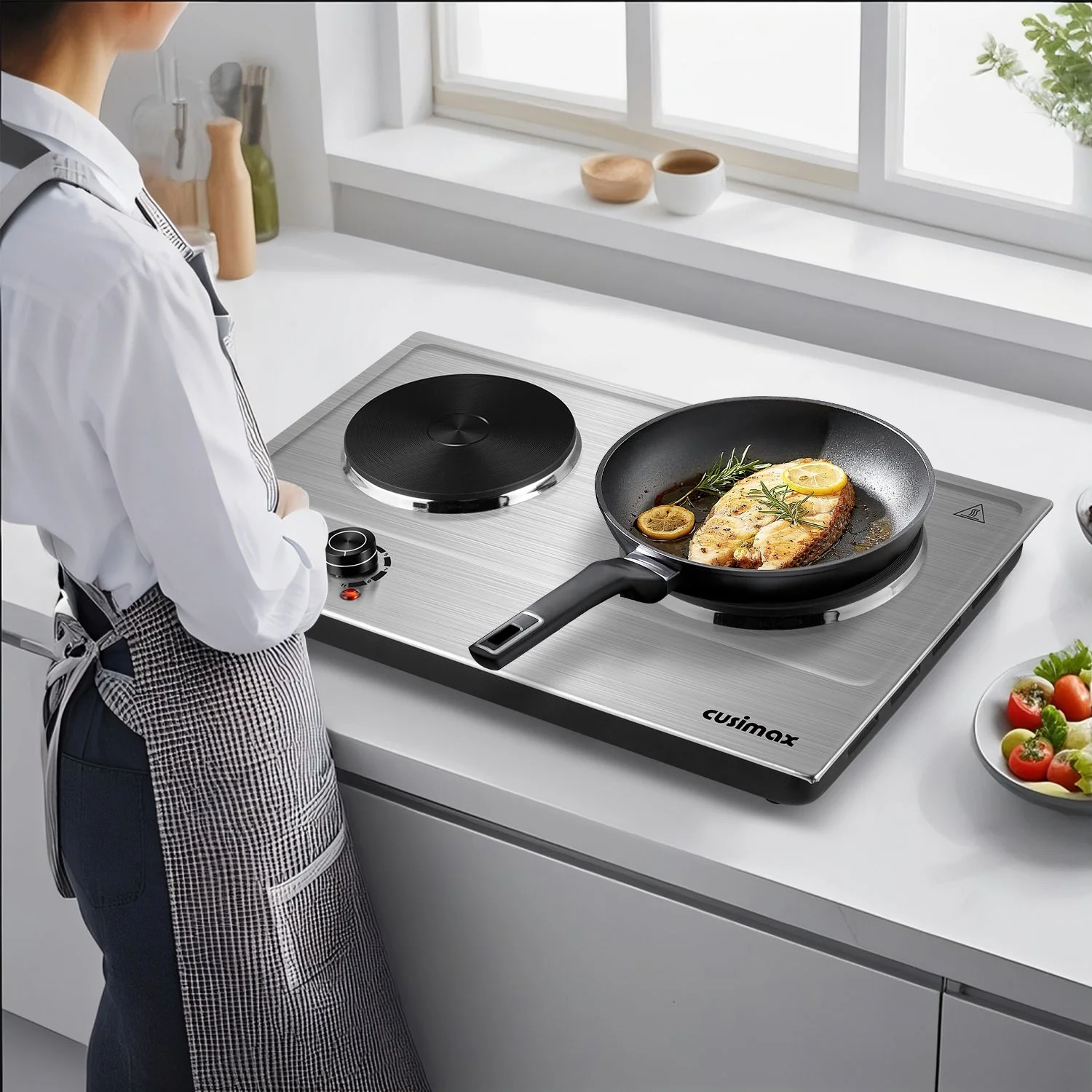 CUSIMAX 1800W Portable Double Burner Hot Plate ?Stainless Steel Countertop Electric Cooktop with Dual Cast Iron Heating Plates, Easy-to-Clean Silver Design, Upgraded Version