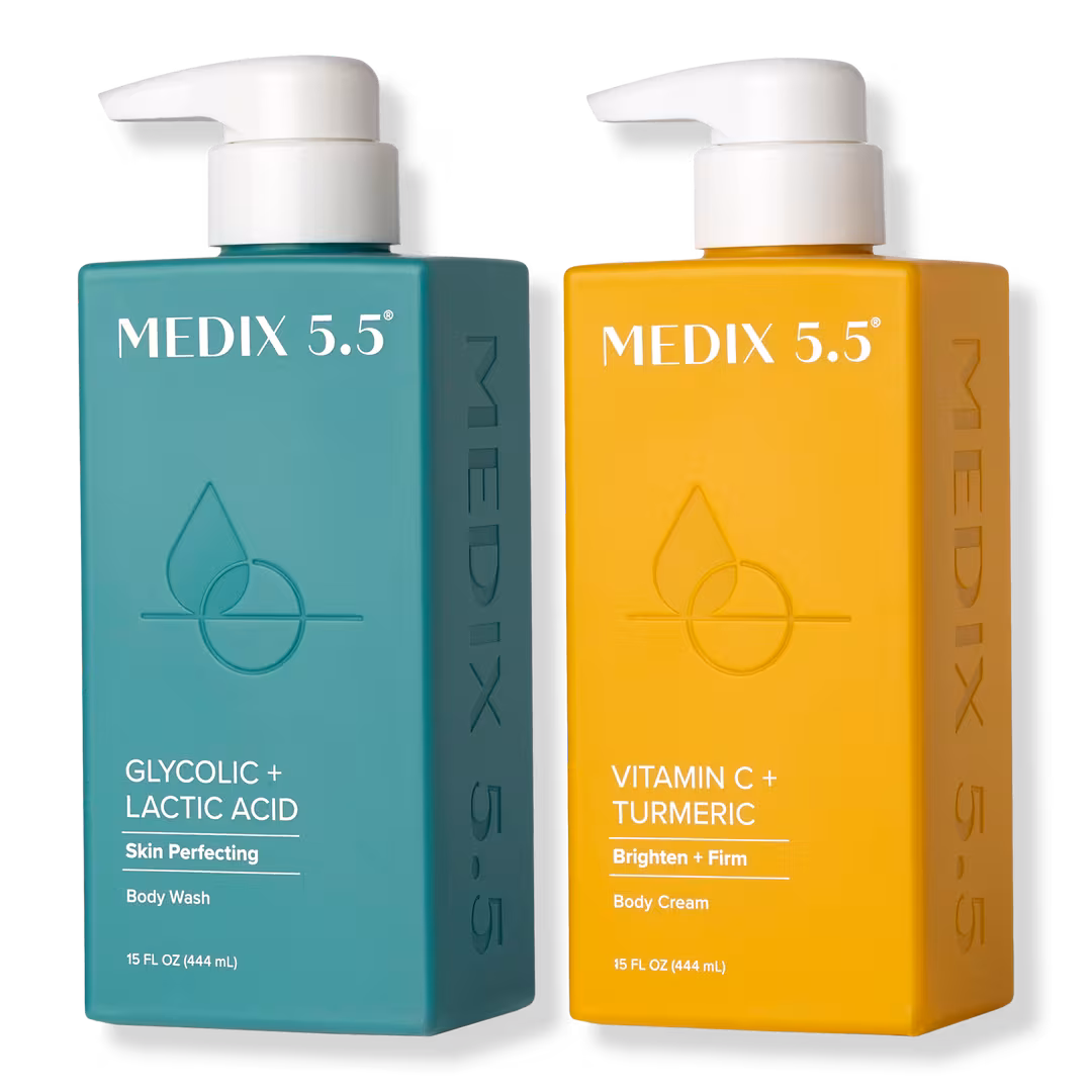 Medix 5.5  Smooth + Glow Duo | Glycolic + Lactic Acid Body Wash, Vitamin C + Turmeric Body Cream