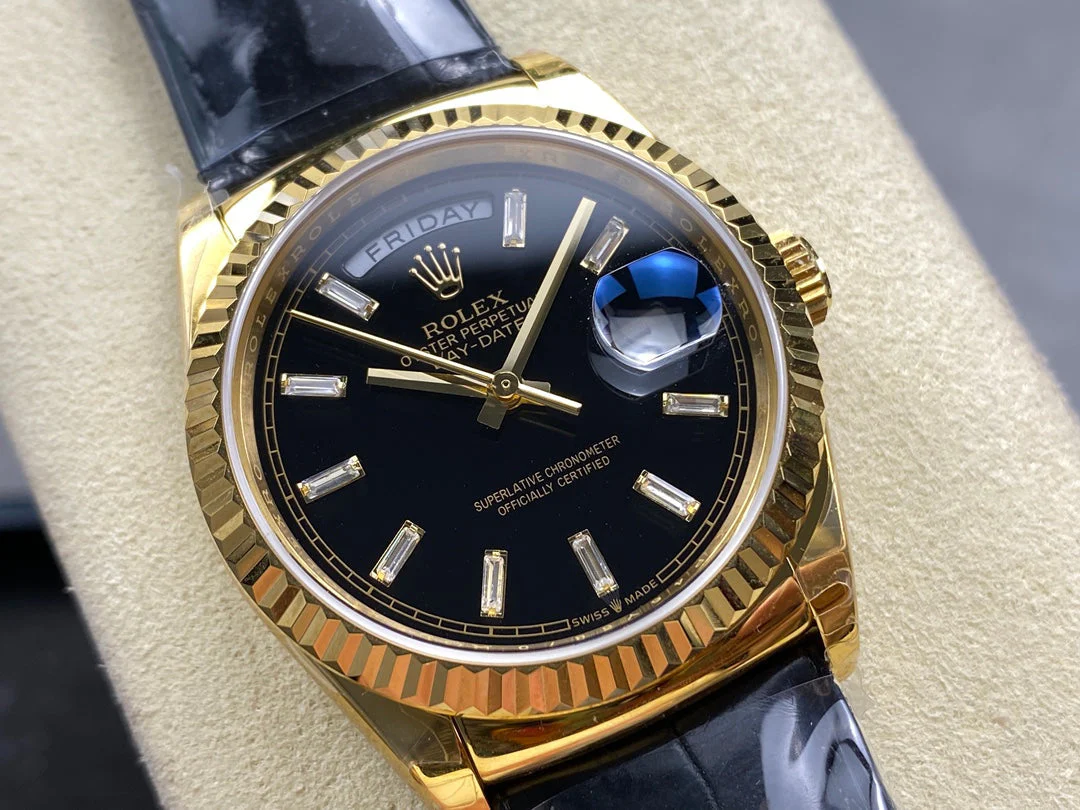 Rolex Watch Day-Date 36mm Gold Black Dial Leather