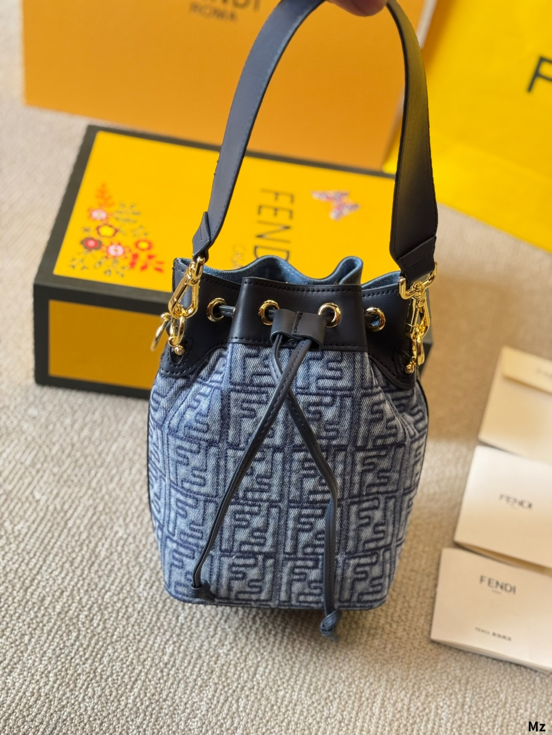 Fendi Mon Tresor Mini Denim Jacquard Bucket Bag