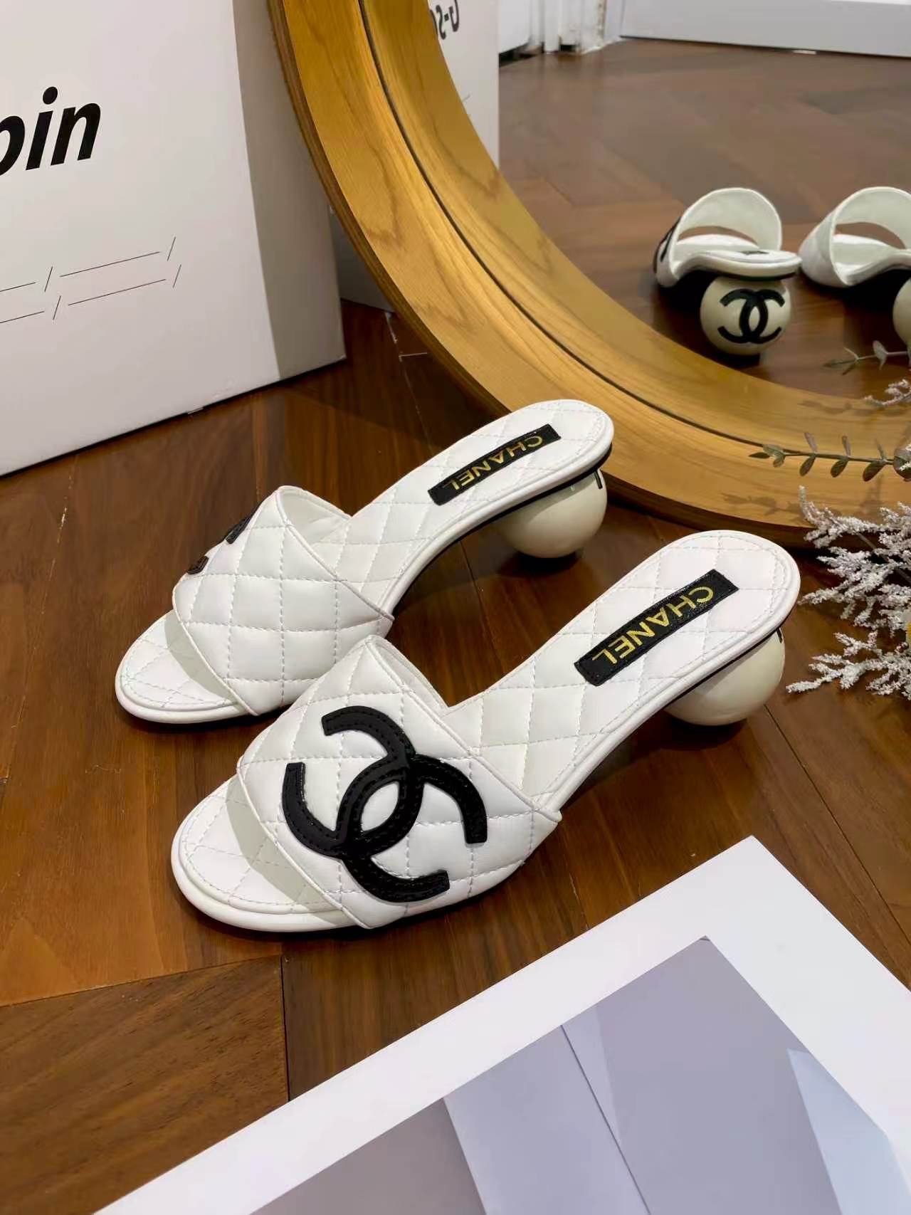 Chanel Quilted CC Logo Pearl-Heel Mules